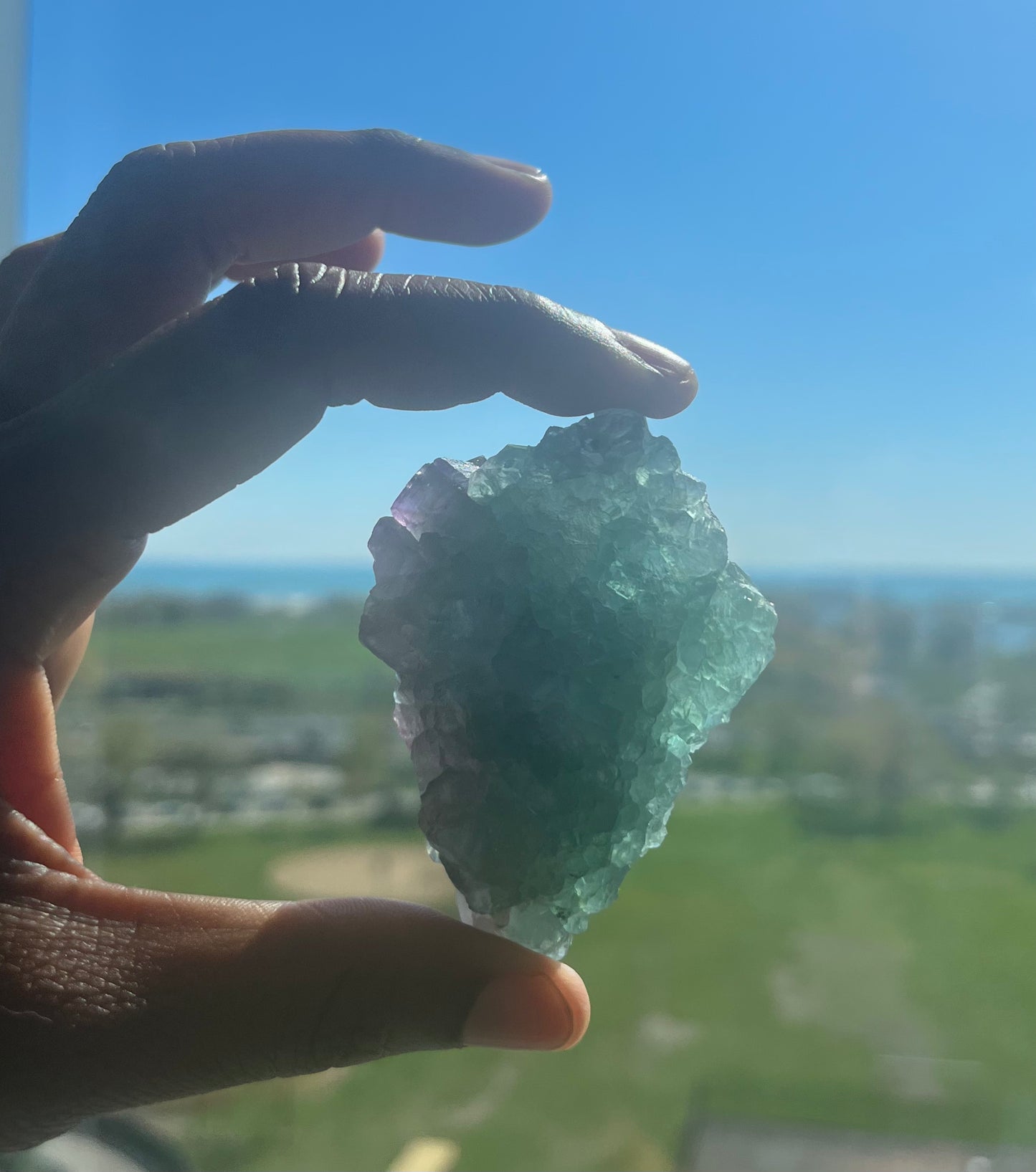 Green and purple natural geometric Fluorite