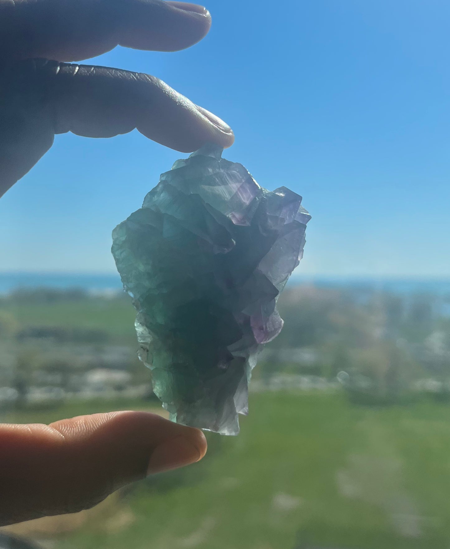 Green and purple natural geometric Fluorite