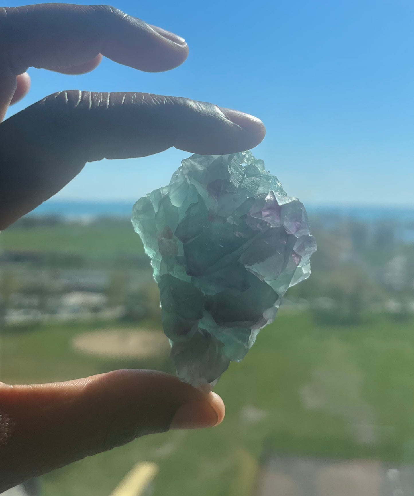 Green and purple natural geometric Fluorite