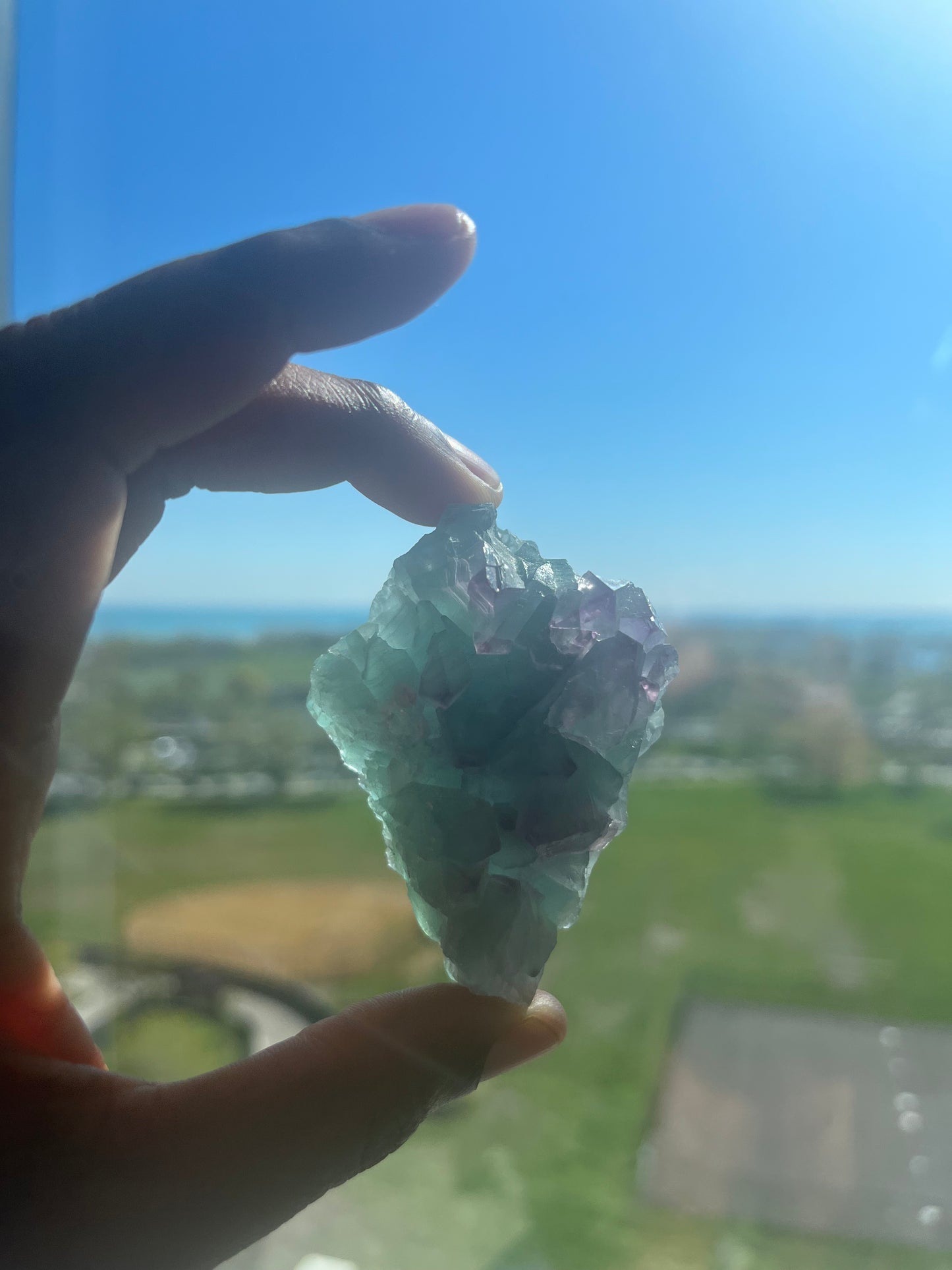 Green and purple natural geometric Fluorite